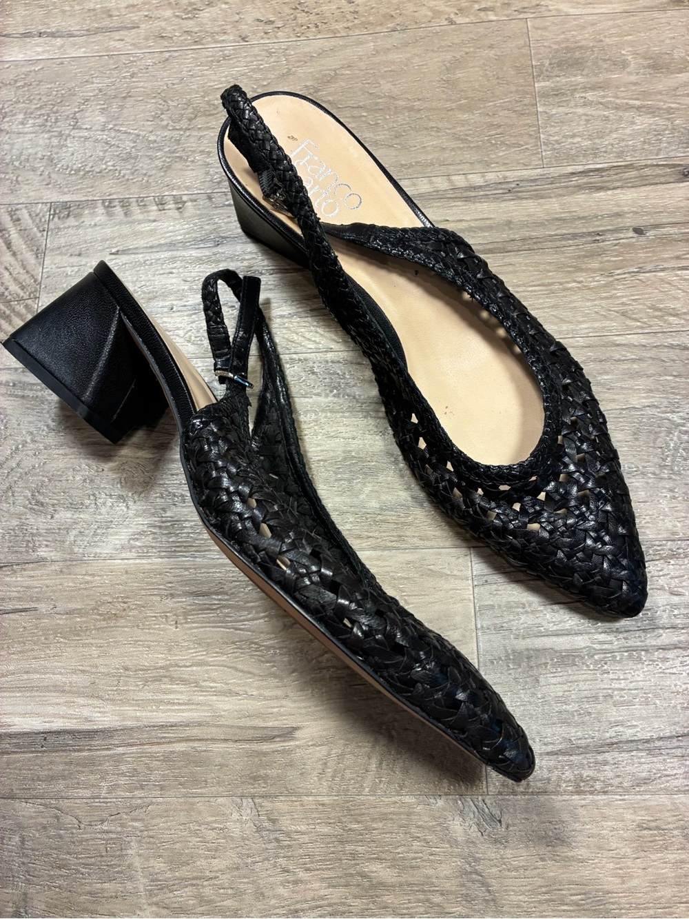 Franco Sarto Ray Woven Leather Block Heel Pointy Slingback Pumps